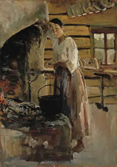 Ahlstrom Collection Prints: Woman Cooking Whitefish; Woman grilling fish, 1886. Creator: Akseli Gallen-Kallela