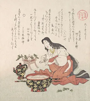 Herb Gallery: Woman Cutting Her Nails after Gathering Herbs, 19th century. Creator: Kubo Shunman
