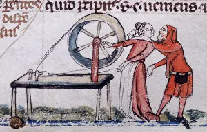 Distracted Prints: A woman being distracted from her spinning, early 14th century. Creator: Unknown
