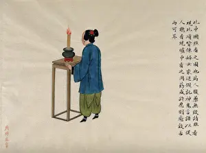 Pei Qun Prints: A woman diviner burning incense, 1890. Creator: Pei Qun Zhou