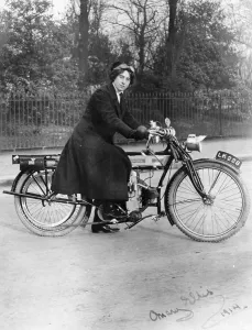 Goggles Prints: A woman on a Douglas motorbike, 1914