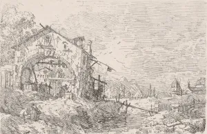 Giovanni Antonio Prints: Woman drawing water from a well beneath an arcade at left, with a landscape at right, 1