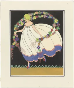 Woman in dress with full skirt, garlands in her hands, c.1910-c.1920. Creator: Anon