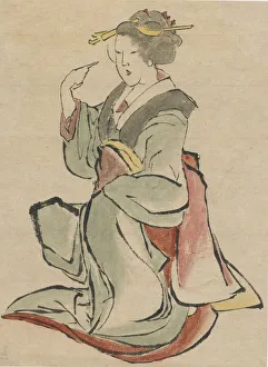 Color On Paper Prints: Woman facing the right, beckoning, late 18th-early 19th century. Creator: Hokusai