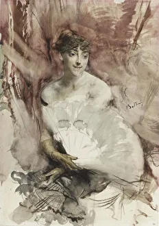 Woman with fan seated in a theatre box (Countess of Rasti), ca 1878. Artist: Boldini, Giovanni (1842-1931) Woman with fan seated in a theatre box (Countess of Rasti), ca 1878. Artist: Boldini, Giovanni (1842-1931)