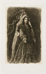 Bresdin Rodolphe Prints: Woman in Fantastic Medieval Costume, n. d. Creator: Rodolphe Bresdin