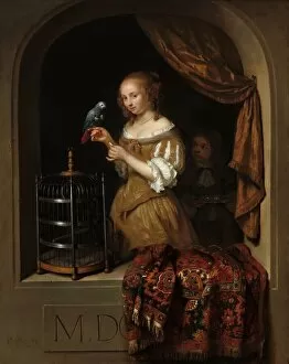 Caspar Netscher Gallery: A Woman Feeding a Parrot, with a Page, 1666. Creator: Gaspar Netscher