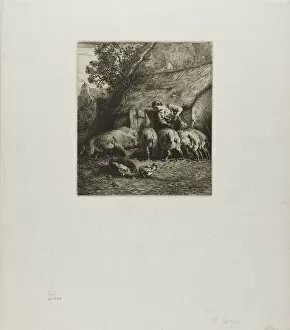 Woman Feeding Six Pigs, 1850. Creator: Charles Emile Jacque