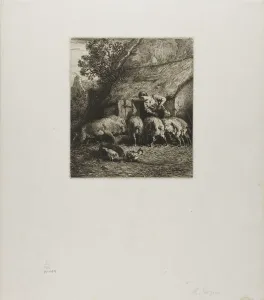 Woman Feeding Six Pigs, 1850. Creator: Charles Emile Jacque