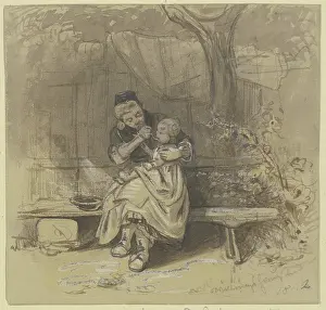 Woman feeding a small child outdoors, 1842. Creator: Jakob Dielmann