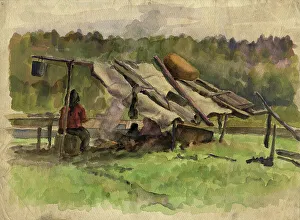 A Woman by the Fire and Tent, 1927. Creator: Dmitrii Innokent'evich Karatanov