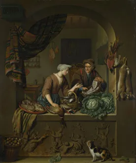 Kitchen Things Prints: A Woman and a Fish-pedlar in a Kitchen, 1713. Artist: Mieris, Willem van (1662-1747)