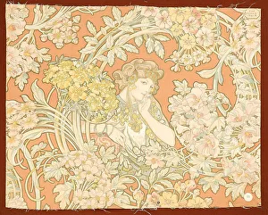 Mucha Prints: Woman among flowers (printed fabric), 1898-1899. Creator: Mucha, Alfons Marie (1860-1939)