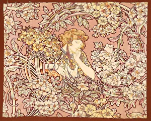 Mucha Prints: Woman among flowers (printed fabric), 1898-1899. Creator: Mucha, Alfons Marie (1860-1939)