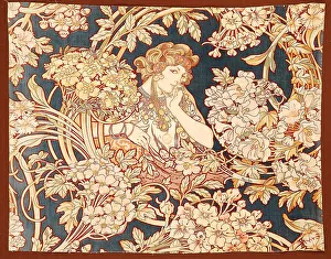 Mucha Prints: Woman among flowers (printed fabric), 1898-1899. Creator: Mucha, Alfons Marie (1860-1939)