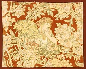 Woman among flowers (printed fabric), 1898-1899. Creator: Mucha, Alfons Marie (1860-1939)
