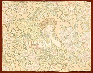 Mucha Prints: Woman among flowers (printed fabric), 1898-1899. Creator: Mucha, Alfons Marie (1860-1939)