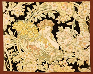 Mucha Prints: Woman among flowers (printed fabric), 1898-1899. Creator: Mucha, Alfons Marie (1860-1939)