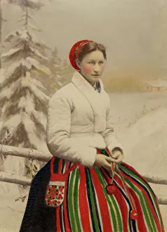 Edlund Helene Prints: A woman in folk costume and white fur-trimmed jacket, 1886-1920. Creator: Helene Edlund
