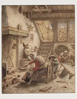 Family Group Prints: Woman Frying Pancakes, 18th century. Creator: After Adriaen van Ostade (1610-1685)