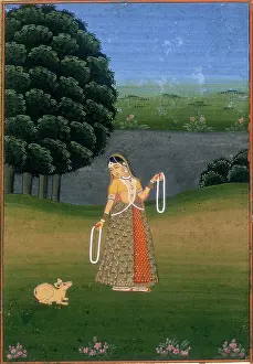 Sari Prints: A woman in a garden, beckoning a cowering animal, (c17th-c18th century?). Creator: Unknown