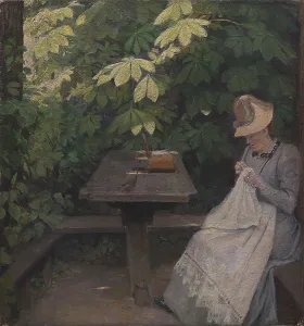 Aesculus Hippocastanum Prints: Woman in a garden, summer, 1891. Creator: Poul S. Christiansen