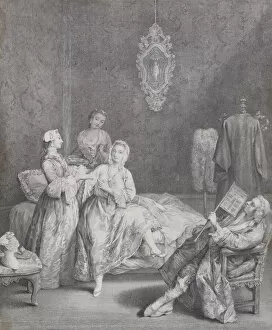 Dressing Gallery: A woman getting out of bed in an elegant interior, with two servants about to help her