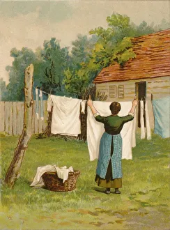 Washing Prints: Woman hanging up washing, late 19th-early 20th century? Creator: Unknown