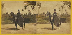 Stereoscopy Prints: Woman with top hat on horseback, about 1860. Creator: Unknown