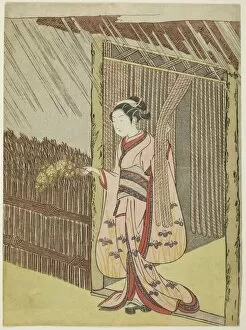 Woman Holding a Branch of Kerria Flowers in the Rain (parody of Ota Dokan), c. 1766 / 67