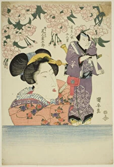 Onoe Baiko Gallery: Woman holding puppet of actor Onoe Kikugoro III as Gokuin Sen'emon, c. 1820s