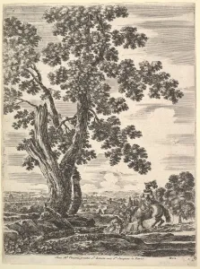 A woman on horseback seen from behind descending a hill to the right, a large tree A woman on horseback seen from behind descending a hill to the right, a large tree