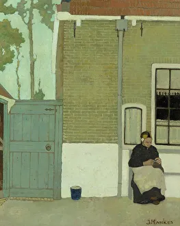 Knitting Prints: Woman in front of her house, 1914. Creator: Jan Mankes
