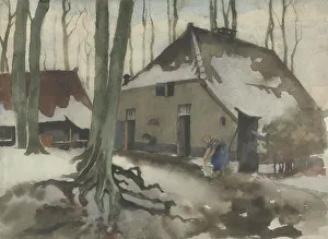 Domestic Chore Prints: Woman in front of a house in a snowy forest, 1870-1923. Creator: Willem Witsen