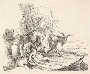 Goat Gallery: Woman and infant satyr in a landscape, the woman twisting to look over her left sho