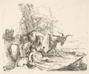 Tiepoli Prints: Woman and infant satyr in a landscape, the woman twisting to look over her left sho