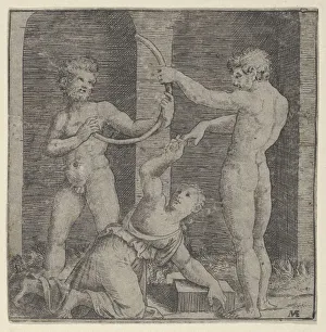 A woman kneeling at centre reaching up with her right hand to place a ring on the f... ca. 1510-27. Creator: Marcantonio Raimondi