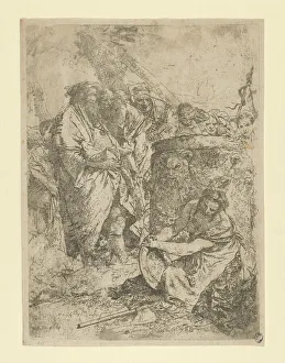 Woman kneeling in front of Magicians and other Figures, from the Scherzi, ca. 1740