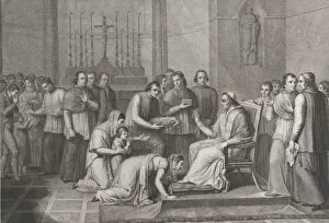 Carlo Lasinio Gallery: A woman kneels to kiss the foot of Pope Pius VII, with a crowd behind her at left