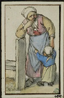 Ostade Adriaen Van Prints: Woman leaning against a post, with a small child. Creator: Adriaen van Ostade