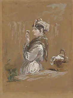 A woman leaning against a table with a small glass in her hand (washerwoman?). Creator: Paul Gavarni