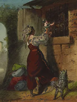Showing Prints: Woman Lifting Infant to Cell Window, mid 19th century. Creator: Alfred Jacob Miller