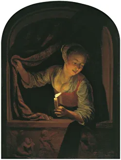 Woman with a lighted Candle at a Window. Artist: Dou, Gerard (Gerrit) (1613-1675) Woman with a lighted Candle at a Window. Artist: Dou, Gerard (Gerrit) (1613-1675)