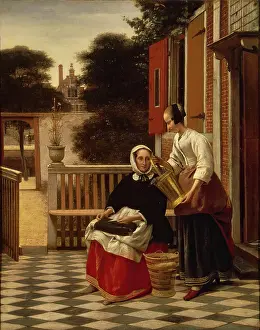Employee Prints: Woman and a maid with a pail of fish in a courtyard, 1660. Creator: Pieter de Hooch