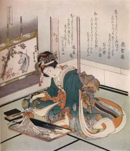 A woman making a miniature model of Mount Fuji, c1823. Artist: Hokusai