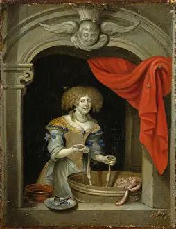 Genrebaroquepainting Prints: A woman making sausage. Creator: Schalcken, Godfried, (Follower)