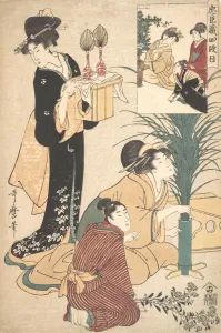 Arranging Prints: A Woman and a Man Arranging Flowers for the Tsukimi (Moon Festival), 1802