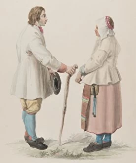 Pink Collection: Woman and man with cane, 1800-1822. Costume of Sweden Pl. 19 & 20, 1800-1822