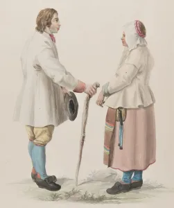 Woman and man with cane, 1800-1822. Costume of Sweden Pl. 19 & 20, 1800-1822. Creator: Carl Wilhelm Swedman. Woman and man with cane, 1800-1822. Costume of Sweden Pl. 19 & 20, 1800-1822. Creator: Carl Wilhelm Swedman