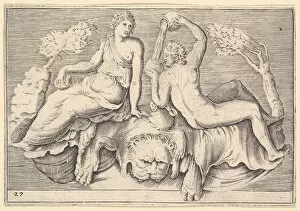 Battista Franco Gallery: Woman and Man Seated on Lionskin, Man Pouring Wine, published ca. 1599-1622